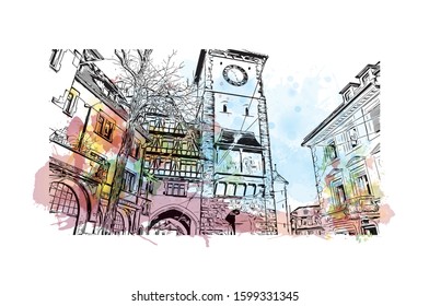 Building view with landmark of Freiburg im Breisgau, a vibrant university city in southwest Germany. Watercolor splash with Hand drawn sketch illustration in vector.