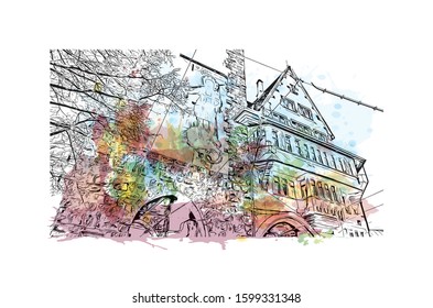Building view with landmark of Freiburg im Breisgau, a vibrant university city in southwest Germany. Watercolor splash with Hand drawn sketch illustration in vector.
