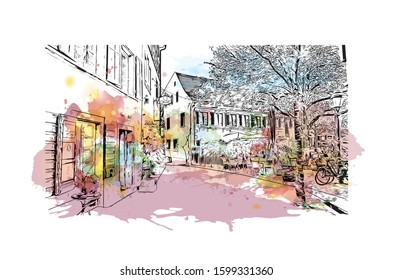 Building view with landmark of Freiburg im Breisgau, a vibrant university city in southwest Germany. Watercolor splash with Hand drawn sketch illustration in vector.