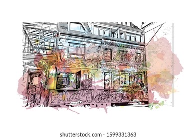 Building view with landmark of Freiburg im Breisgau, a vibrant university city in southwest Germany. Watercolor splash with Hand drawn sketch illustration in vector.