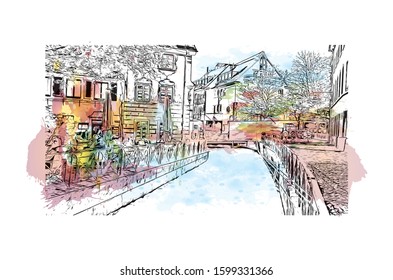 Building view with landmark of Freiburg im Breisgau, a vibrant university city in southwest Germany. Watercolor splash with Hand drawn sketch illustration in vector.