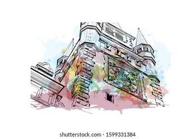 Building view with landmark of Freiburg im Breisgau, a vibrant university city in southwest Germany. Watercolor splash with Hand drawn sketch illustration in vector.
