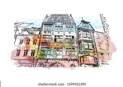 Building view with landmark of Freiburg im Breisgau, a vibrant university city in southwest Germany. Watercolor splash with Hand drawn sketch illustration in vector.