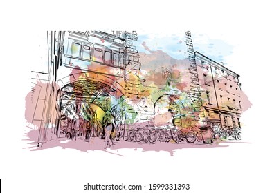 Building view with landmark of Freiburg im Breisgau, a vibrant university city in southwest Germany. Watercolor splash with Hand drawn sketch illustration in vector.