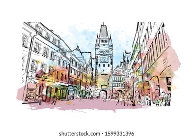 Building view with landmark of Freiburg im Breisgau, a vibrant university city in southwest Germany. Watercolor splash with Hand drawn sketch illustration in vector.