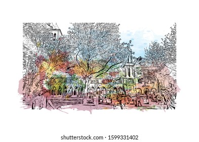 Building view with landmark of Freiburg im Breisgau, a vibrant university city in southwest Germany. Watercolor splash with Hand drawn sketch illustration in vector.