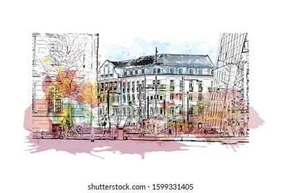 Building view with landmark of Freiburg im Breisgau, a vibrant university city in southwest Germany. Watercolor splash with Hand drawn sketch illustration in vector.