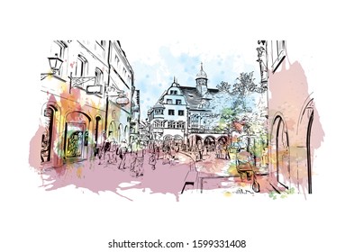 Building view with landmark of Freiburg im Breisgau, a vibrant university city in southwest Germany. Watercolor splash with Hand drawn sketch illustration in vector.