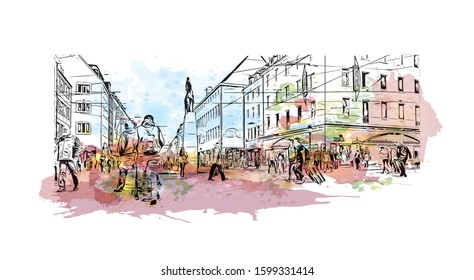 Building view with landmark of Freiburg im Breisgau, a vibrant university city in southwest Germany. Watercolor splash with Hand drawn sketch illustration in vector.