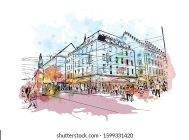 Building view with landmark of Freiburg im Breisgau, a vibrant university city in southwest Germany. Watercolor splash with Hand drawn sketch illustration in vector.