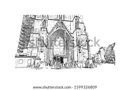 Building view with landmark of Freiburg im Breisgau, a vibrant university city in southwest Germany. Hand drawn sketch illustration in vector.