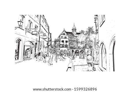 Building view with landmark of Freiburg im Breisgau, a vibrant university city in southwest Germany. Hand drawn sketch illustration in vector.