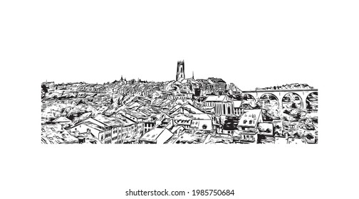 Building view with landmark of Fribourg is the 
city in Switzerland. Hand drawn sketch illustration in vector.