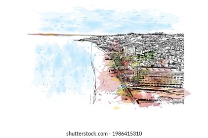 Building view with landmark of Fuengirola is the 
town in Spain. Watercolor splash with hand drawn sketch illustration in vector.