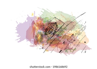 Building view with landmark of Fujairah is the 
city in United Arab Emirates. Watercolor splash with hand drawn sketch illustration in vector.