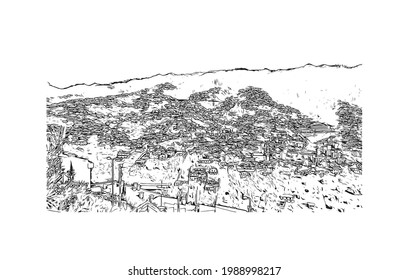 Building view with landmark of Funchal is the capital city of Portugal. Hand drawn sketch illustration in vector.