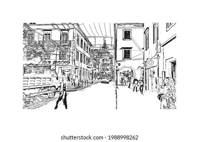 Building view with landmark of Funchal is the capital city of Portugal. Hand drawn sketch illustration in vector.
