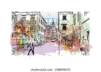 Building view with landmark of Funchal is the capital city of Portugal. Watercolor splash with hand drawn sketch illustration in vector.