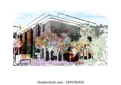 Building view with landmark of Gainesville is a city in northern Florida. Watercolor splash with hand drawn sketch illustration in vector.