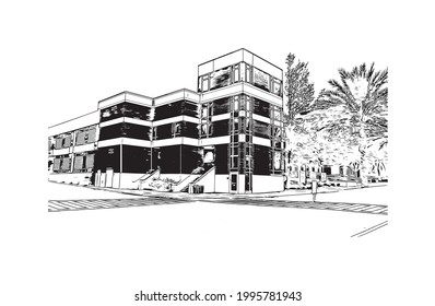 Building view with landmark of Gainesville is a city in northern Florida. Hand drawn sketch illustration in vector.