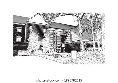 Building view with landmark of Gainesville is a city in northern Florida. Hand drawn sketch illustration in vector.