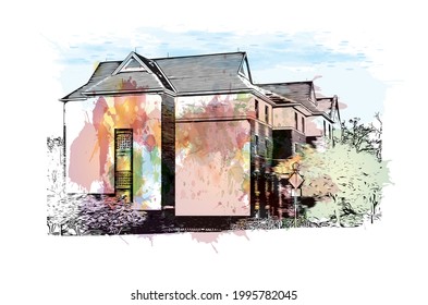 Building view with landmark of Gainesville is a city in northern Florida. Watercolor splash with hand drawn sketch illustration in vector.