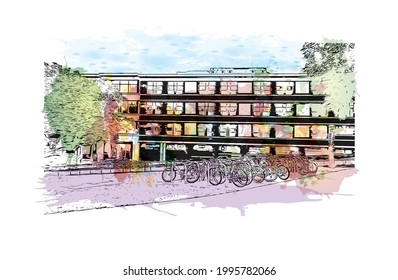 Building view with landmark of Gainesville is a city in northern Florida. Watercolor splash with hand drawn sketch illustration in vector.