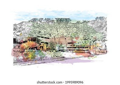 Building view with landmark of Gainesville is a city in northern Florida. Watercolor splash with hand drawn sketch illustration in vector.