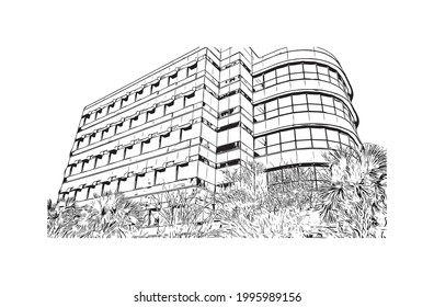 Building View With Landmark Of Gainesville Is A City In Northern Florida. Hand Drawn Sketch Illustration In Vector.