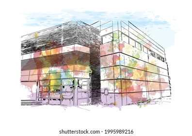 Building view with landmark of Gainesville is a city in northern Florida. Watercolor splash with hand drawn sketch illustration in vector.
