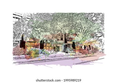 Building view with landmark of Gainesville is a city in northern Florida. Watercolor splash with hand drawn sketch illustration in vector.