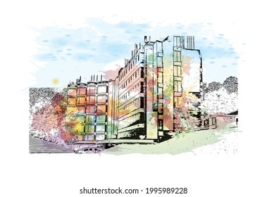 Building view with landmark of Gainesville is a city in northern Florida. Watercolor splash with hand drawn sketch illustration in vector.