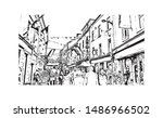 Building view with landmark of Galway, a harbour city on Ireland’s west coast, sits where the River Corrib meets the Atlantic Ocean. Hand drawn sketch illustration in vector.