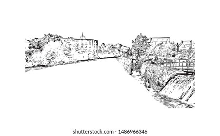 Building view with landmark of Galway, a harbour city on Ireland’s west coast, sits where the River Corrib meets the Atlantic Ocean. Hand drawn sketch illustration in vector.