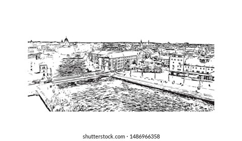 Building view with landmark of Galway, a harbour city on Ireland’s west coast, sits where the River Corrib meets the Atlantic Ocean. Hand drawn sketch illustration in vector.