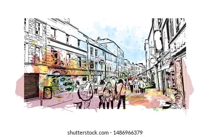 Building view with landmark of Galway, a harbour city on Ireland’s west coast, sits where the River Corrib meets the Atlantic Ocean. Watercolor splash with Hand drawn sketch illustration in vector.