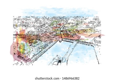 Building view with landmark of Galway, a harbour city on Ireland’s west coast, sits where the River Corrib meets the Atlantic Ocean. Watercolor splash with Hand drawn sketch illustration in vector.