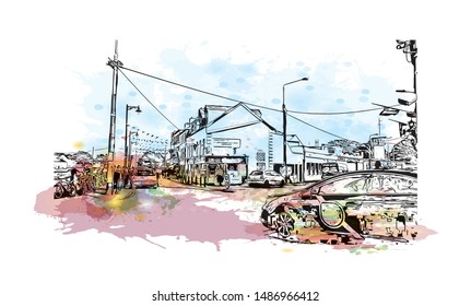 Building view with landmark of Galway, a harbour city on Ireland’s west coast, sits where the River Corrib meets the Atlantic Ocean. Watercolor splash with Hand drawn sketch illustration in vector.