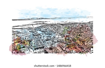 Building view with landmark of Galway, a harbour city on Ireland’s west coast, sits where the River Corrib meets the Atlantic Ocean. Watercolor splash with Hand drawn sketch illustration in vector.