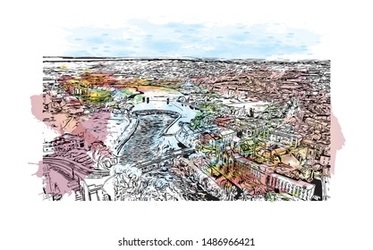 Building view with landmark of Galway, a harbour city on Ireland’s west coast, sits where the River Corrib meets the Atlantic Ocean. Watercolor splash with Hand drawn sketch illustration in vector.