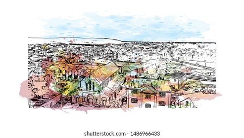 Building view with landmark of Galway, a harbour city on Ireland’s west coast, sits where the River Corrib meets the Atlantic Ocean. Watercolor splash with Hand drawn sketch illustration in vector.