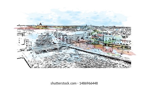 Building view with landmark of Galway, a harbour city on Ireland’s west coast, sits where the River Corrib meets the Atlantic Ocean. Watercolor splash with Hand drawn sketch illustration in vector.