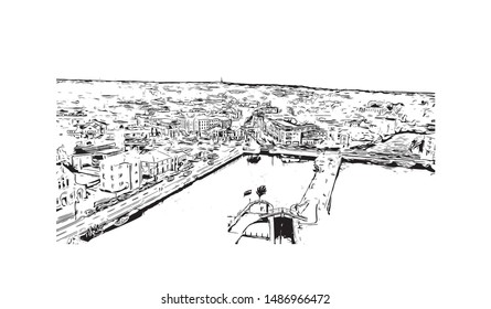 Building view with landmark of Galway, a harbour city on Ireland’s west coast, sits where the River Corrib meets the Atlantic Ocean. Hand drawn sketch illustration in vector.