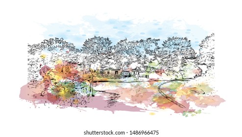 Building view with landmark of Galway, a harbour city on Ireland’s west coast, sits where the River Corrib meets the Atlantic Ocean. Watercolor splash with Hand drawn sketch illustration in vector.