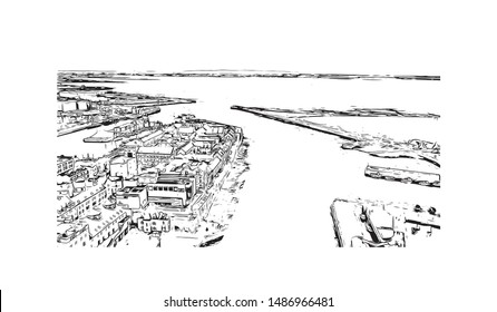 Building view with landmark of Galway, a harbour city on Ireland’s west coast, sits where the River Corrib meets the Atlantic Ocean. Hand drawn sketch illustration in vector.