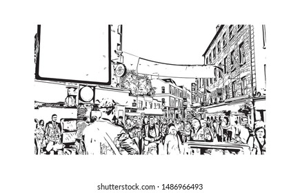 Building view with landmark of Galway, a harbour city on Ireland’s west coast, sits where the River Corrib meets the Atlantic Ocean. Hand drawn sketch illustration in vector.