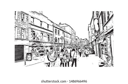 Building view with landmark of Galway, a harbour city on Ireland’s west coast, sits where the River Corrib meets the Atlantic Ocean. Hand drawn sketch illustration in vector.