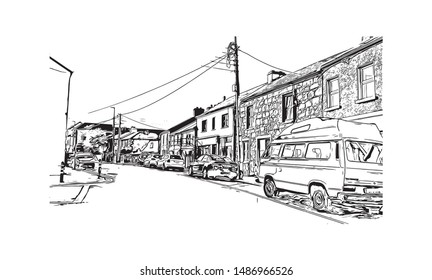 Building view with landmark of Galway, a harbour city on Ireland’s west coast, sits where the River Corrib meets the Atlantic Ocean. Hand drawn sketch illustration in vector.