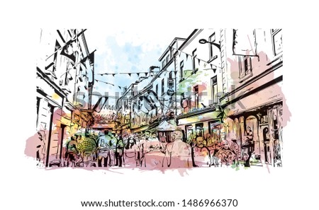 Building view with landmark of Galway, a harbour city on Ireland’s west coast, sits where the River Corrib meets the Atlantic Ocean. Watercolor splash with Hand drawn sketch illustration in vector.