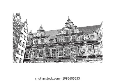 Building view with landmark of Gdansk is the 
city in Poland. Hand drawn sketch illustration in vector.